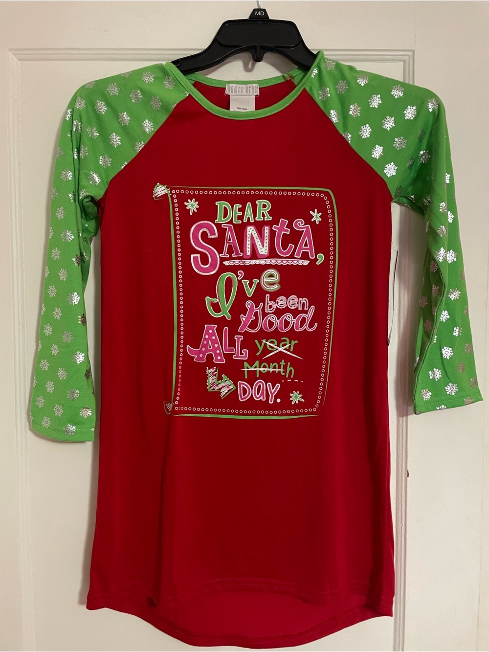 Komar Kids Red Christmas Raglan Nightgown with Green Snowflake Sleeves